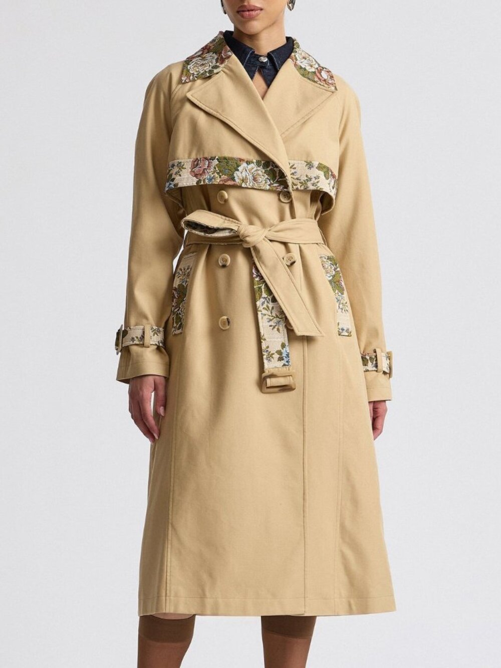 New Avec Les Filles Floral Jacquard Combo Cotton Trench Coat Bisque XS
